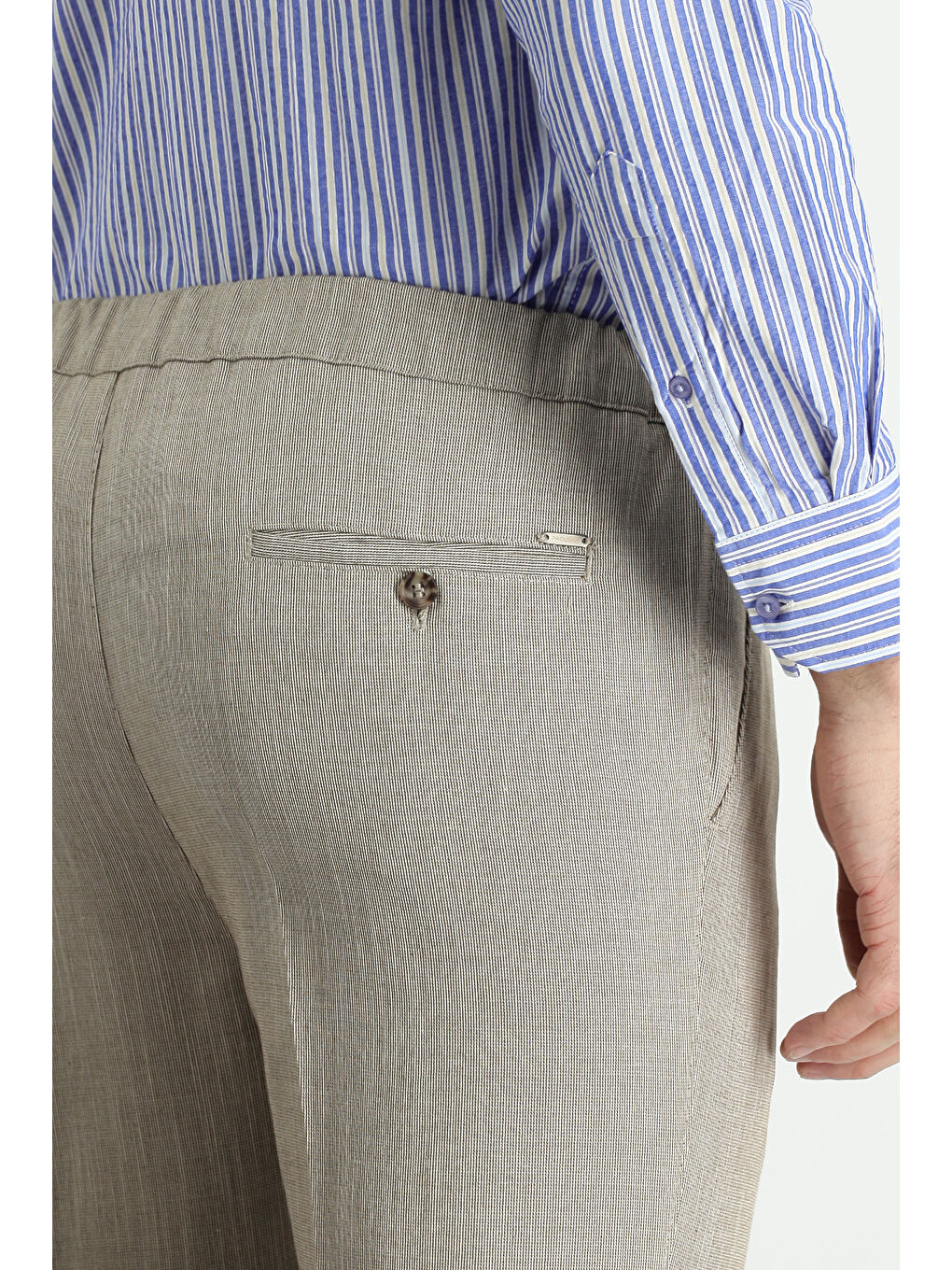 Kahverengi Slim Fit Dar Kesim Beli Lastikli İpli Desenli Keten Karışımlı Kumaş Pantolon-3