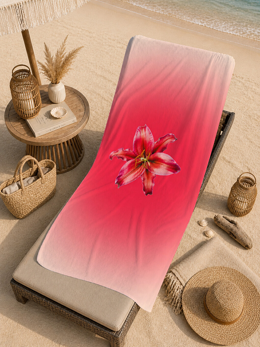 Ekru Pembe Ombre Çiçek Desenli 70x150 Plaj Havlusu-2