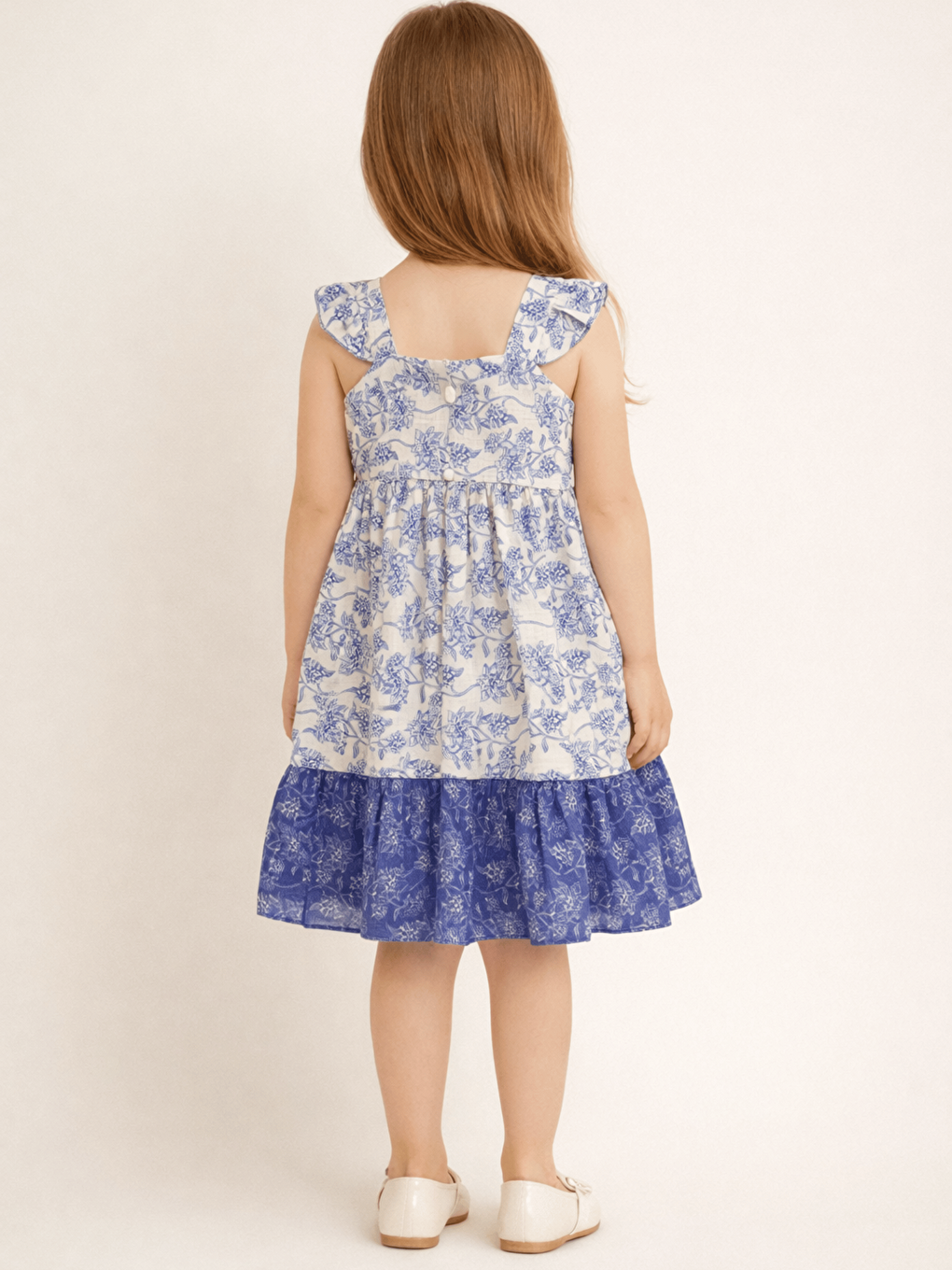 Mavi Kare Yaka Çiçek Desenli Kız Çocuk Elbise-2