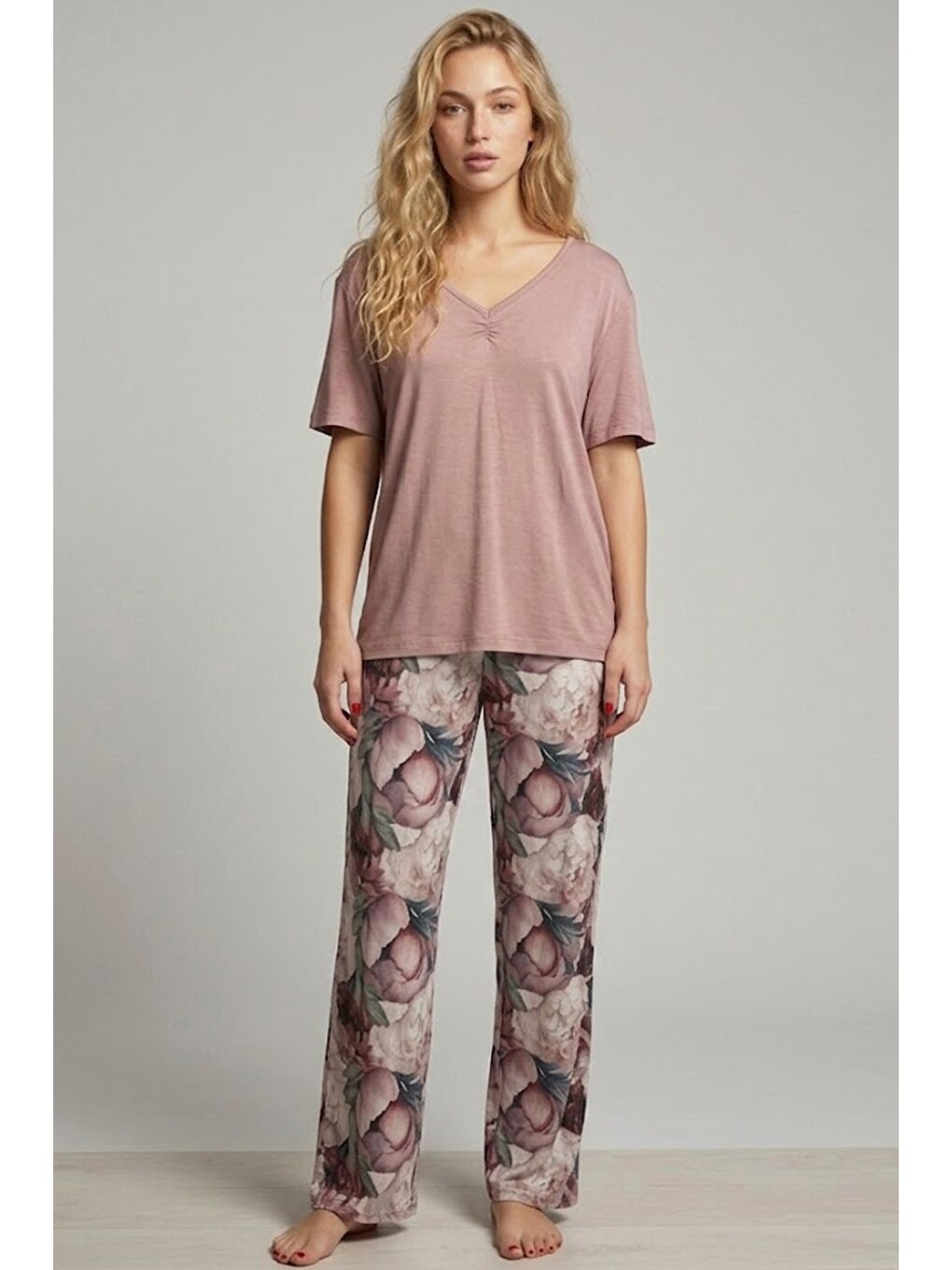 Karışık V Yakalı Kısa Kollu Viskon Örme Pijama Takım 8020-1