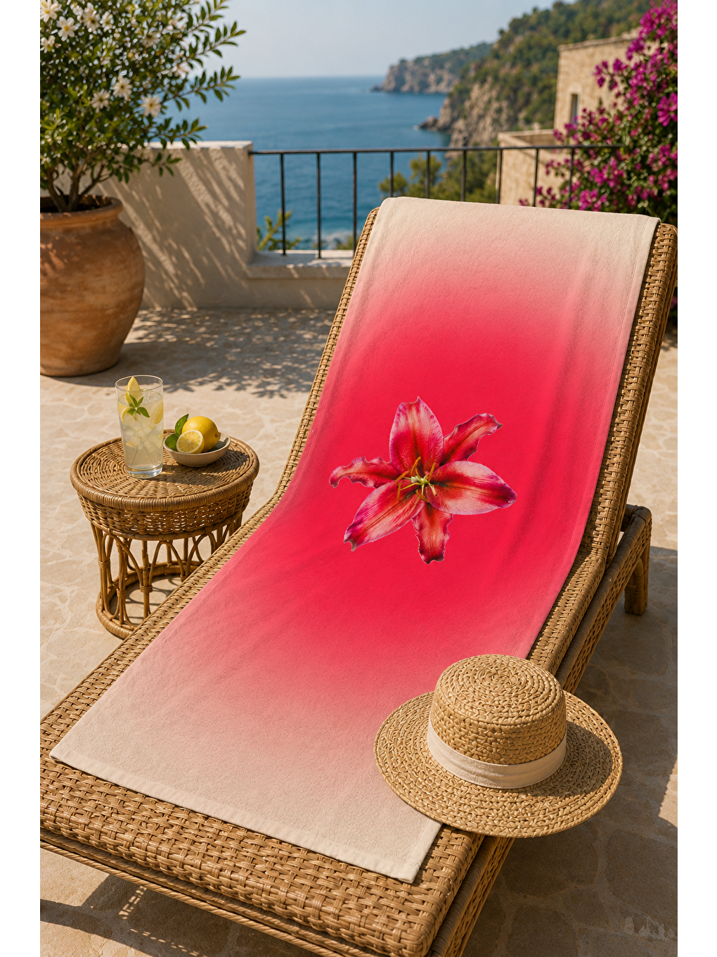 Ekru Pembe Ombre Çiçek Desenli 70x150 Plaj Havlusu-3