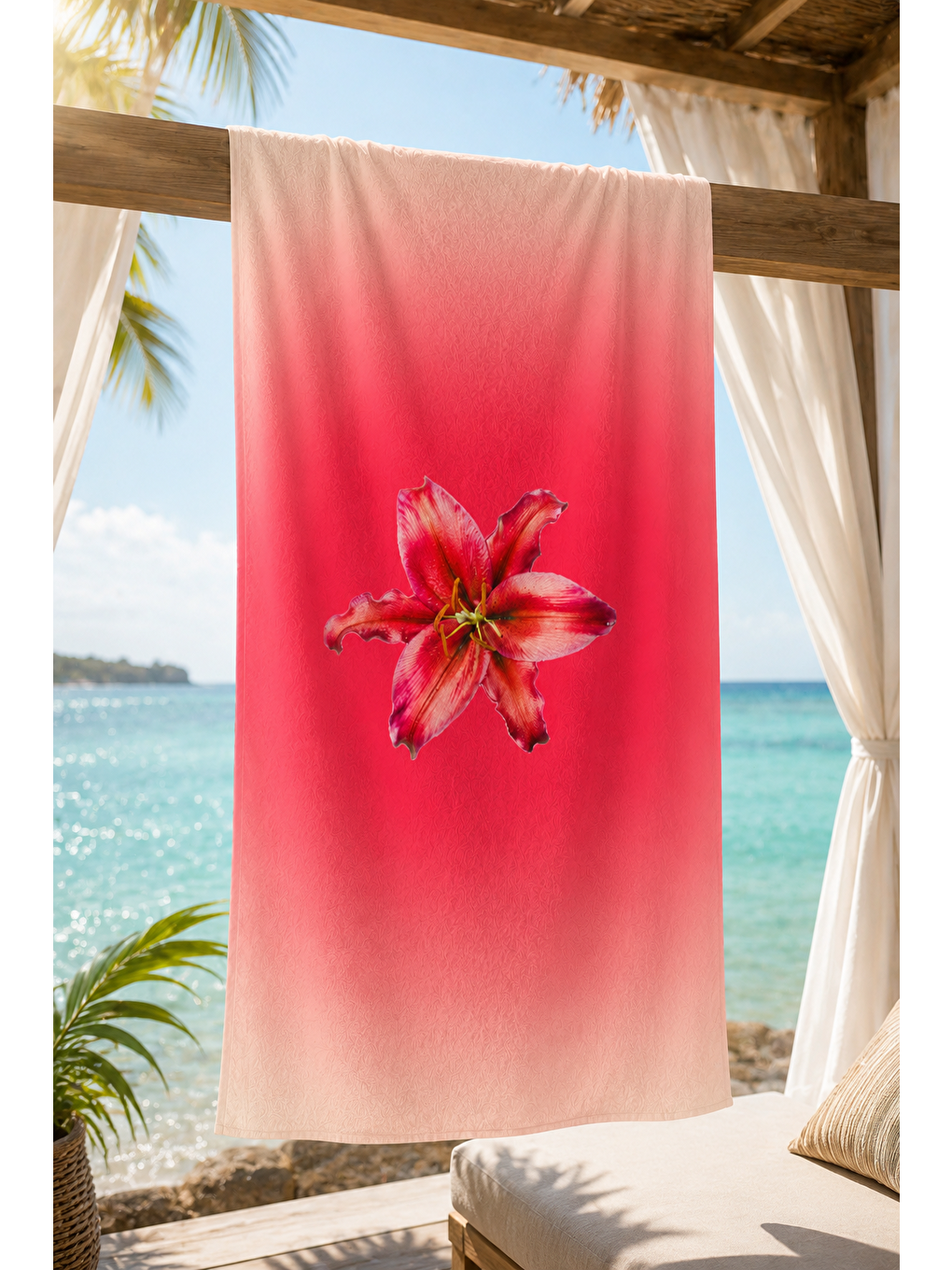 Ekru Pembe Ombre Çiçek Desenli 70x150 Plaj Havlusu-4