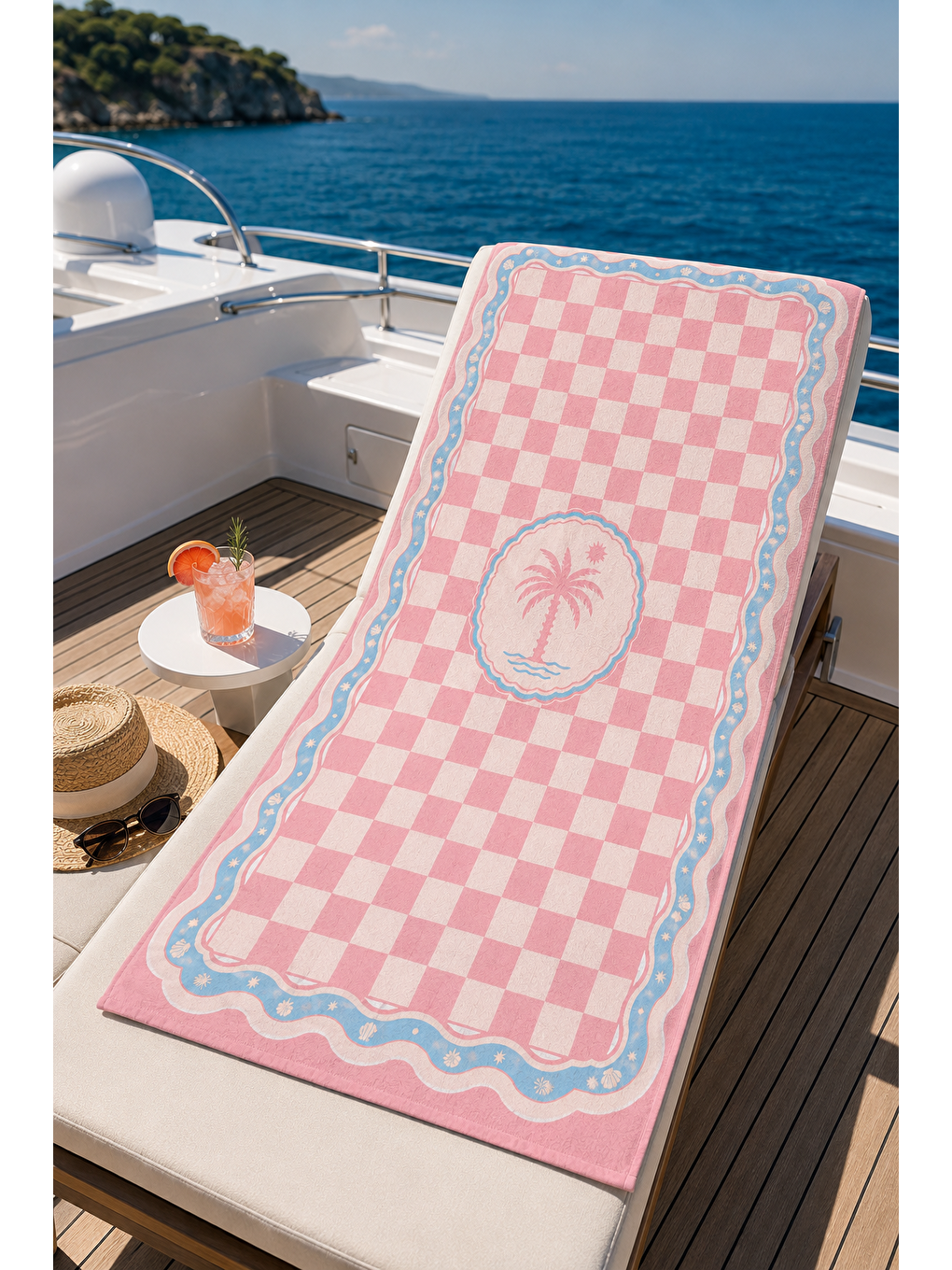 Ekru Pembe Kareli Palmiye Rozet Desenli 70x150 Plaj Havlusu-2
