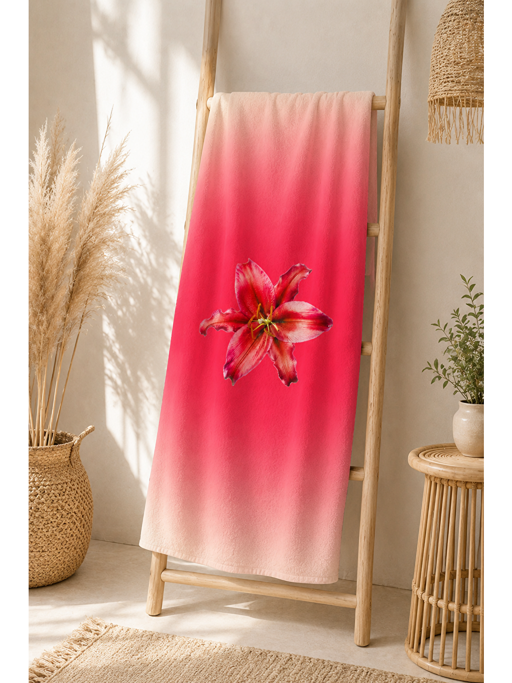 Ekru Pembe Ombre Çiçek Desenli 70x150 Plaj Havlusu-6