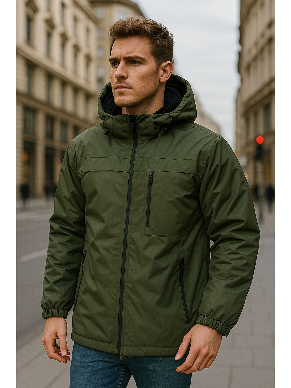 Erkek Kapüşonlu Cep Detaylı İçi Polar Kışlık Mont 2540 Haki