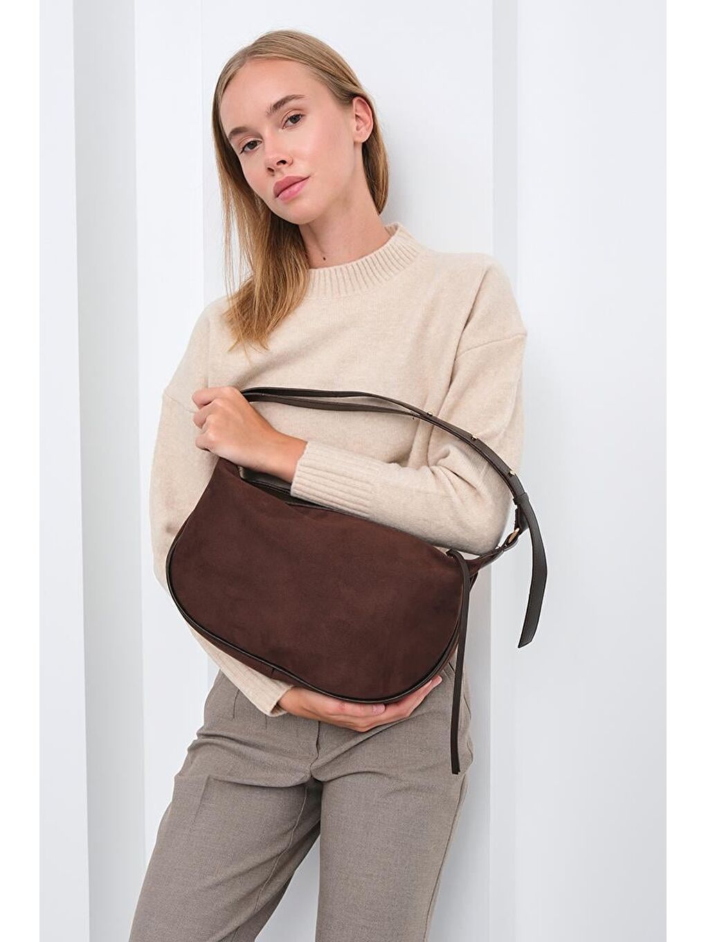 Kahverengi Poppin Süet Omuz Çantası Kahve-1