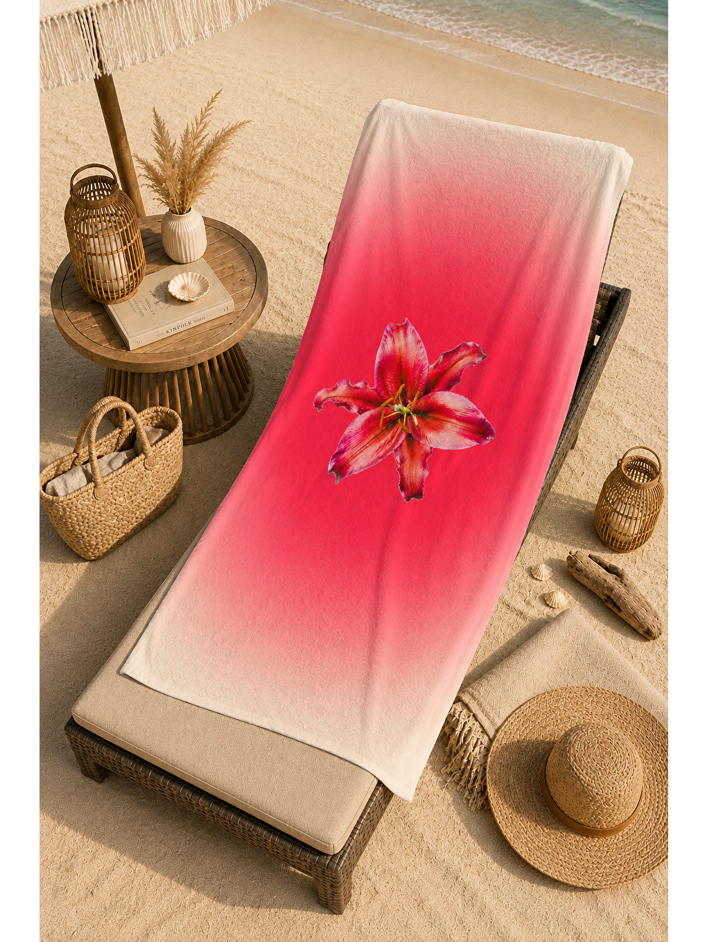 Ekru Pembe Ombre Çiçek Desenli 70x150 Plaj Havlusu-7