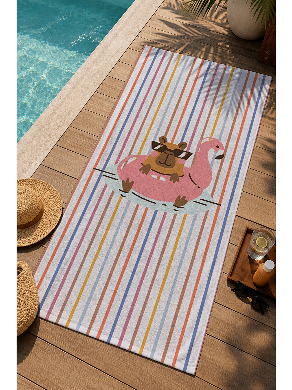 Pembe Renkli Çizgili Tropikal İçecek Figürlü 70x150 Cm Dijital Baskılı Plaj Ve Banyo Havlusu-2