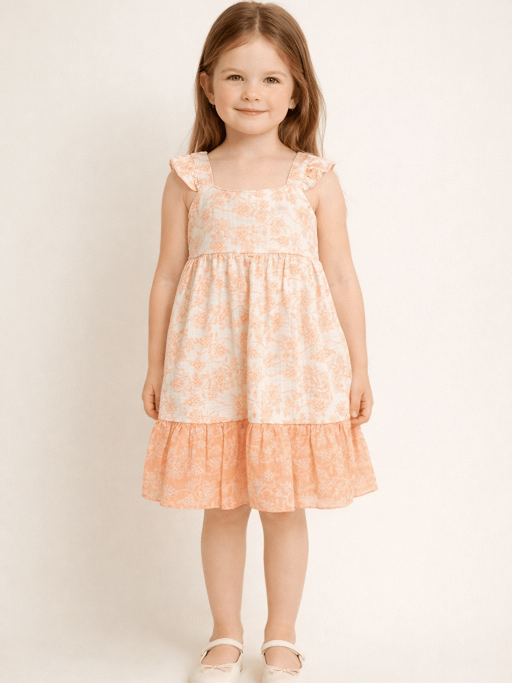 Pembe Kare Yaka Çiçek Desenli Kız Çocuk Elbise