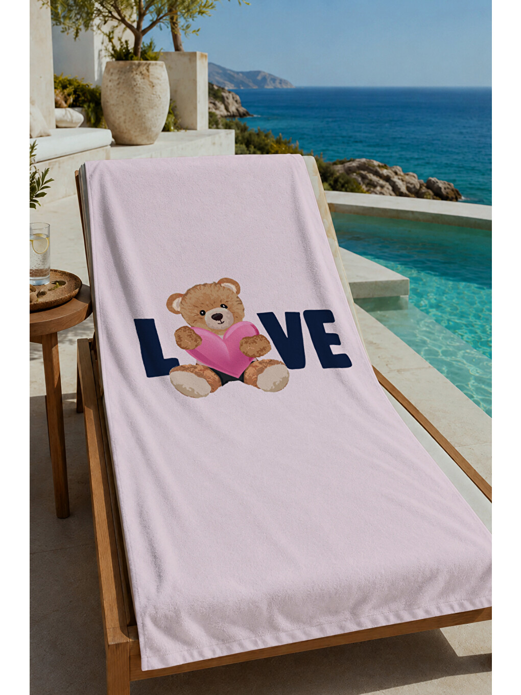 Pudra Pembe Love Ayıcık Desenli 70x150 Cm Dijital Baskılı Plaj Ve Banyo Havlusu