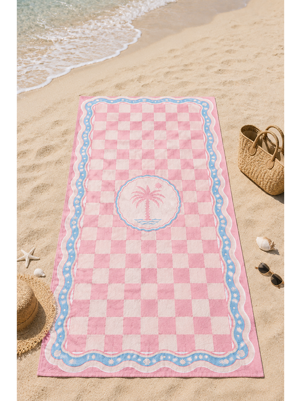 Ekru Pembe Kareli Palmiye Rozet Desenli 70x150 Plaj Havlusu-3
