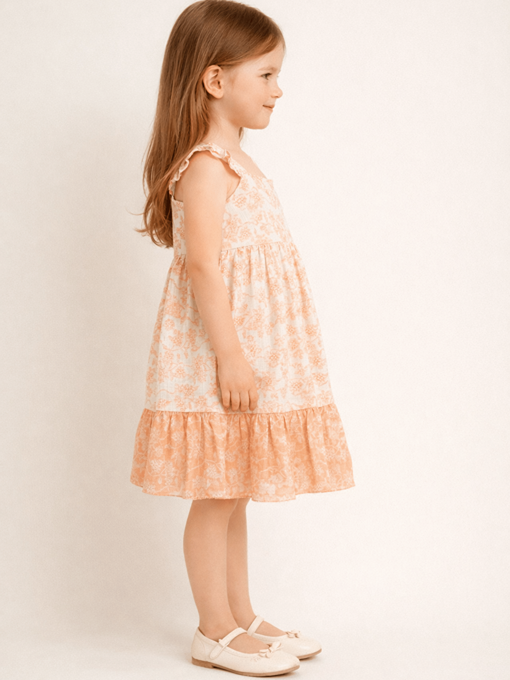 Pembe Kare Yaka Çiçek Desenli Kız Çocuk Elbise-1