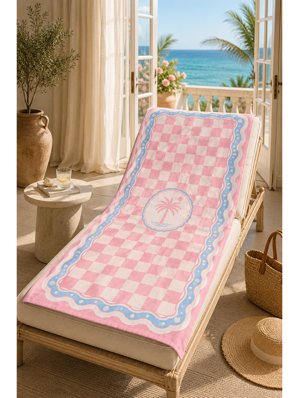 Ekru Pembe Kareli Palmiye Rozet Desenli 70x150 Plaj Havlusu-4