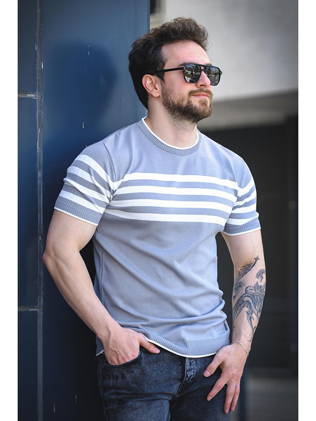 Gri Liam Çizgili Elastanlı Slim Fit Bisiklet Yaka Örme Erkek Triko Tshirt