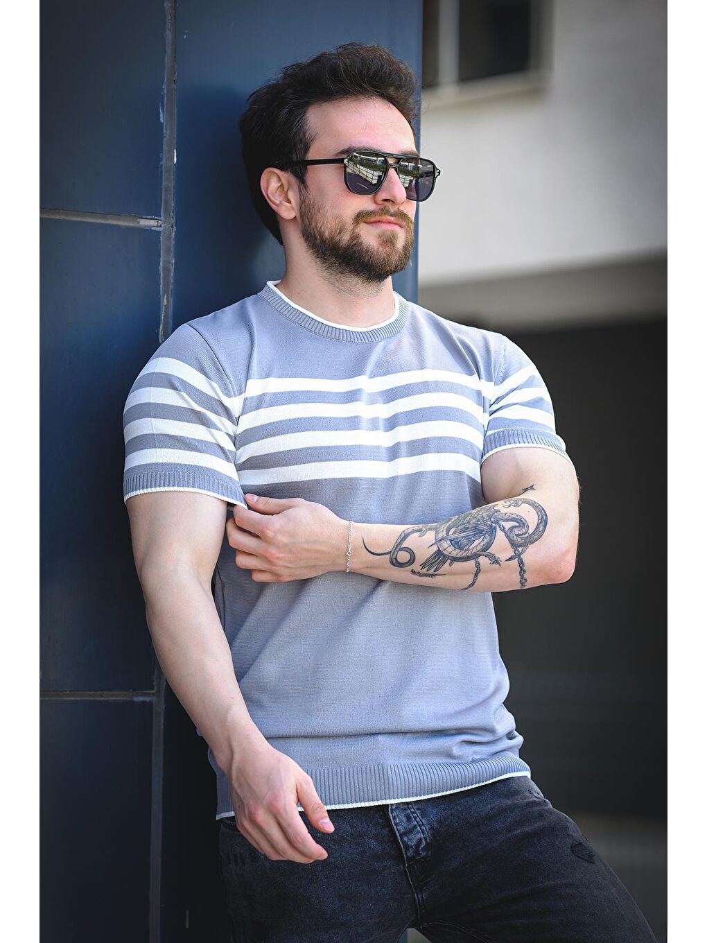 Gri Liam Çizgili Elastanlı Slim Fit Bisiklet Yaka Örme Erkek Triko Tshirt-1