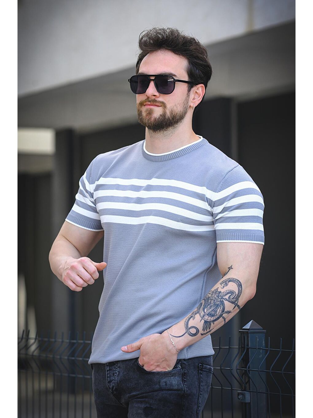 Gri Liam Çizgili Elastanlı Slim Fit Bisiklet Yaka Örme Erkek Triko Tshirt-2