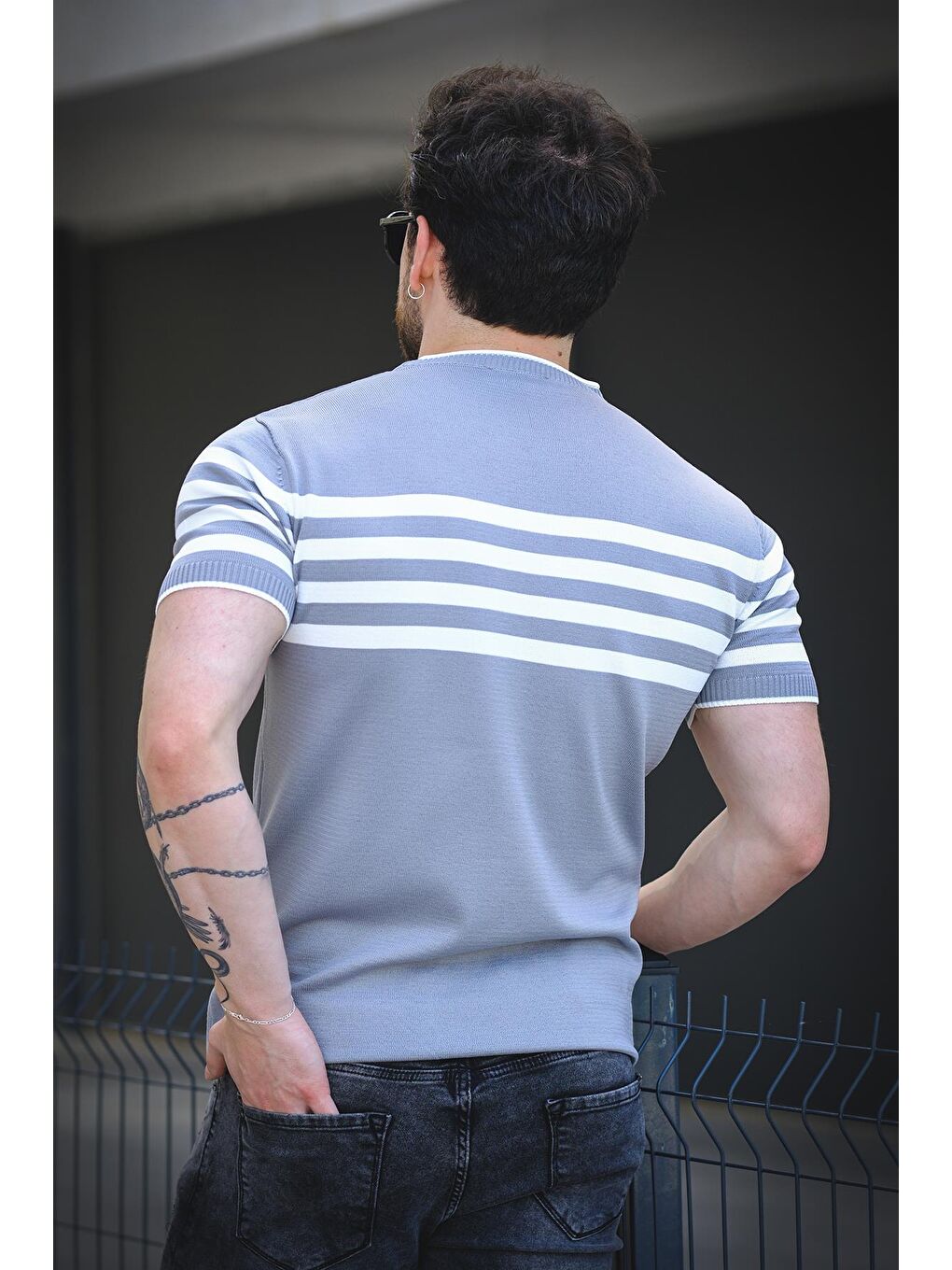 Gri Liam Çizgili Elastanlı Slim Fit Bisiklet Yaka Örme Erkek Triko Tshirt-3