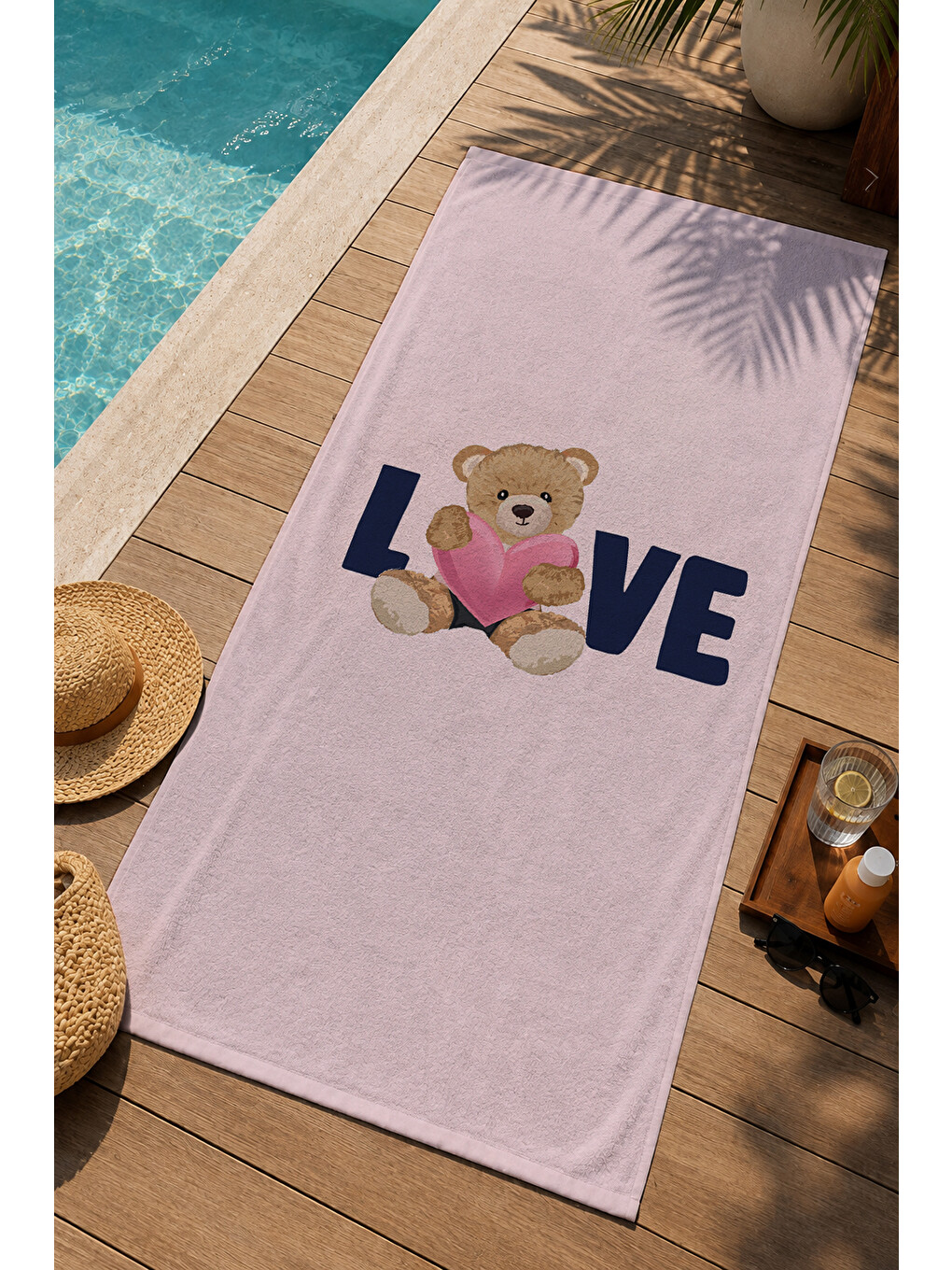 Pudra Pembe Love Ayıcık Desenli 70x150 Cm Dijital Baskılı Plaj Ve Banyo Havlusu-2