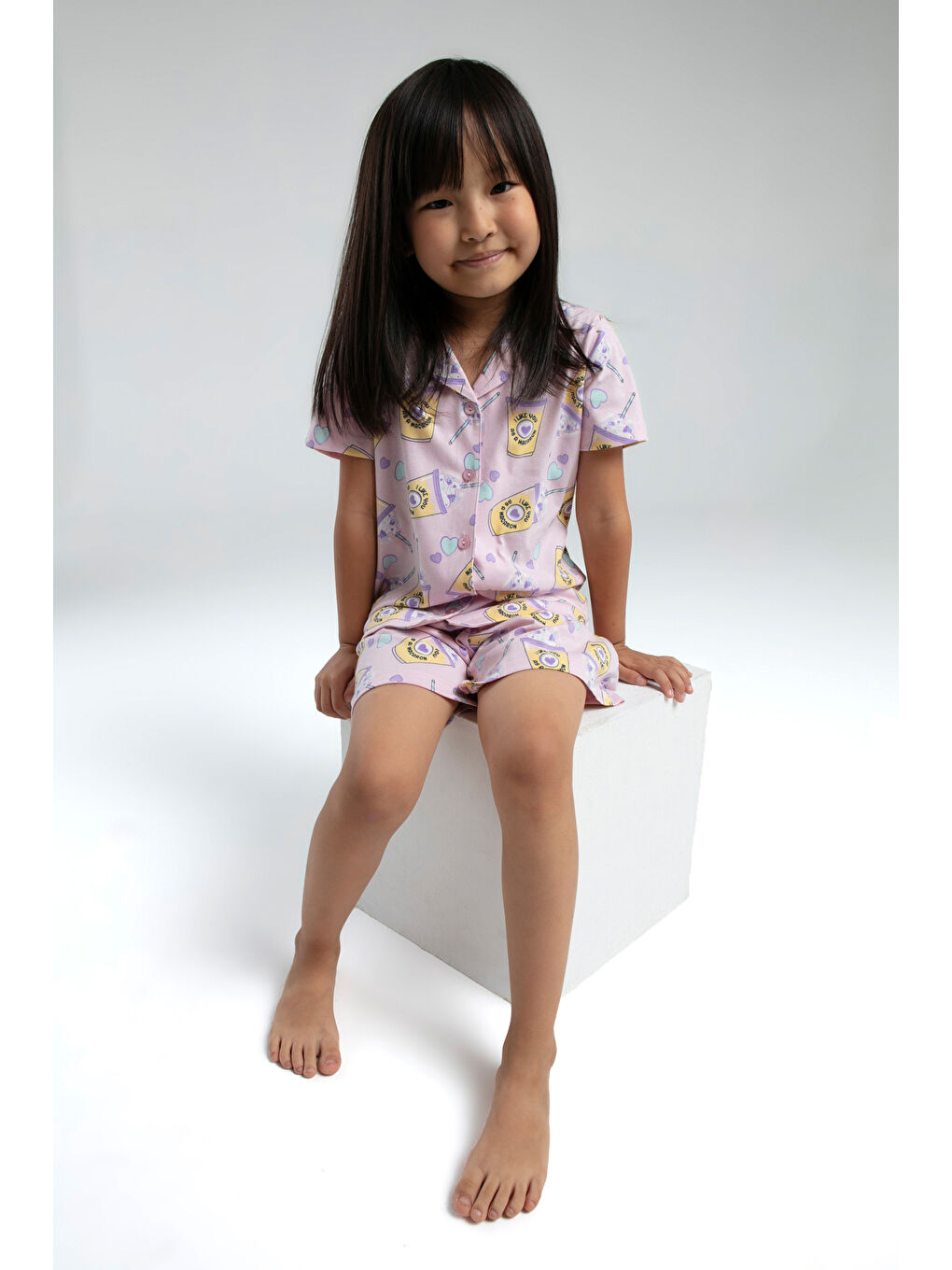 Pembe Kız Çocuk Komple Baskılı Şortlu Pijama Takım-1