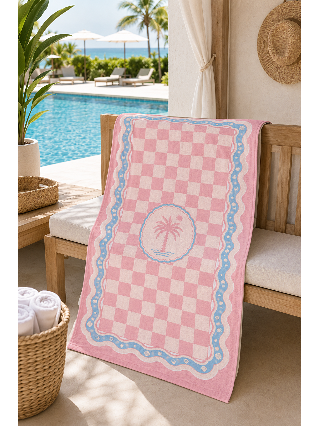 Ekru Pembe Kareli Palmiye Rozet Desenli 70x150 Plaj Havlusu-5