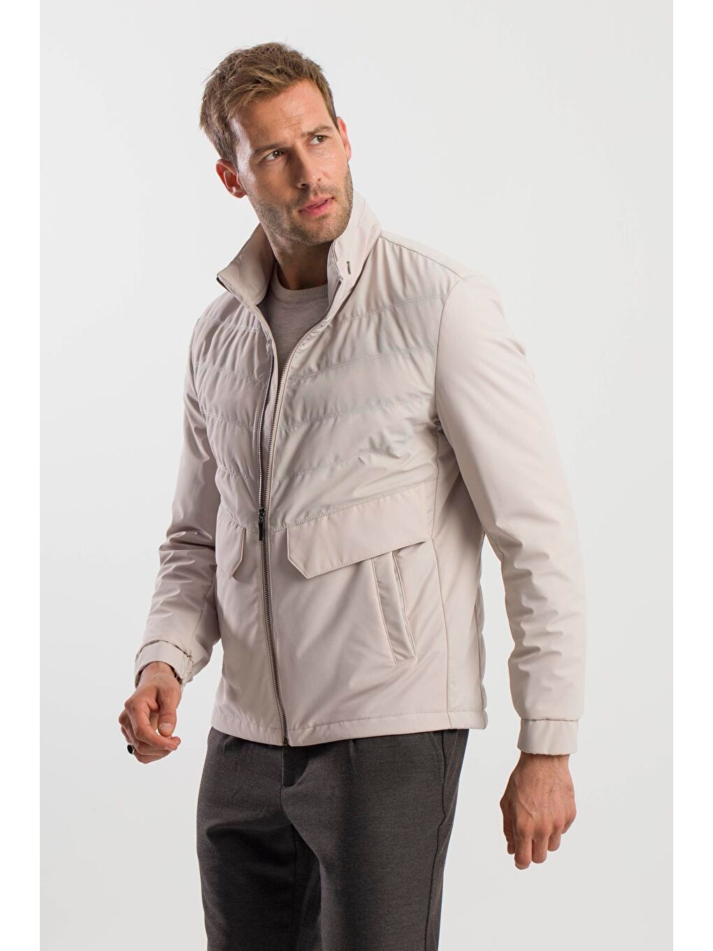 Bej Taş Comfort Fit Dik Yaka Spor Mont-1