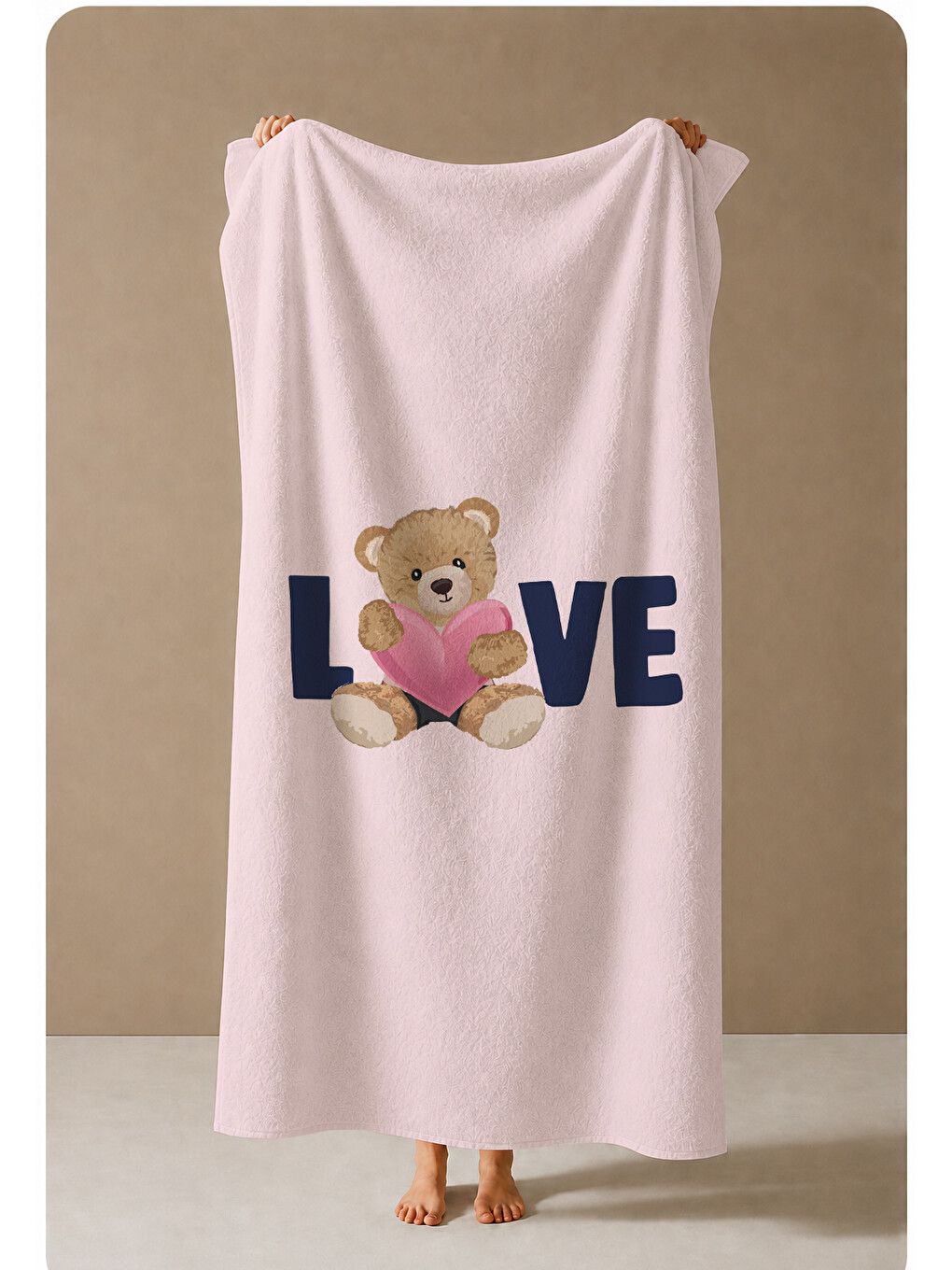 Pudra Pembe Love Ayıcık Desenli 70x150 Cm Dijital Baskılı Plaj Ve Banyo Havlusu-3