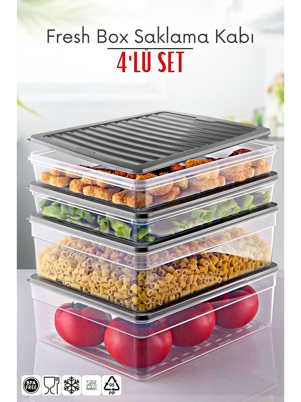 Nandy Home Gri 4 Parça Set Freshbox Mikrodalga ve Difrize Uygun Saklama Kabı