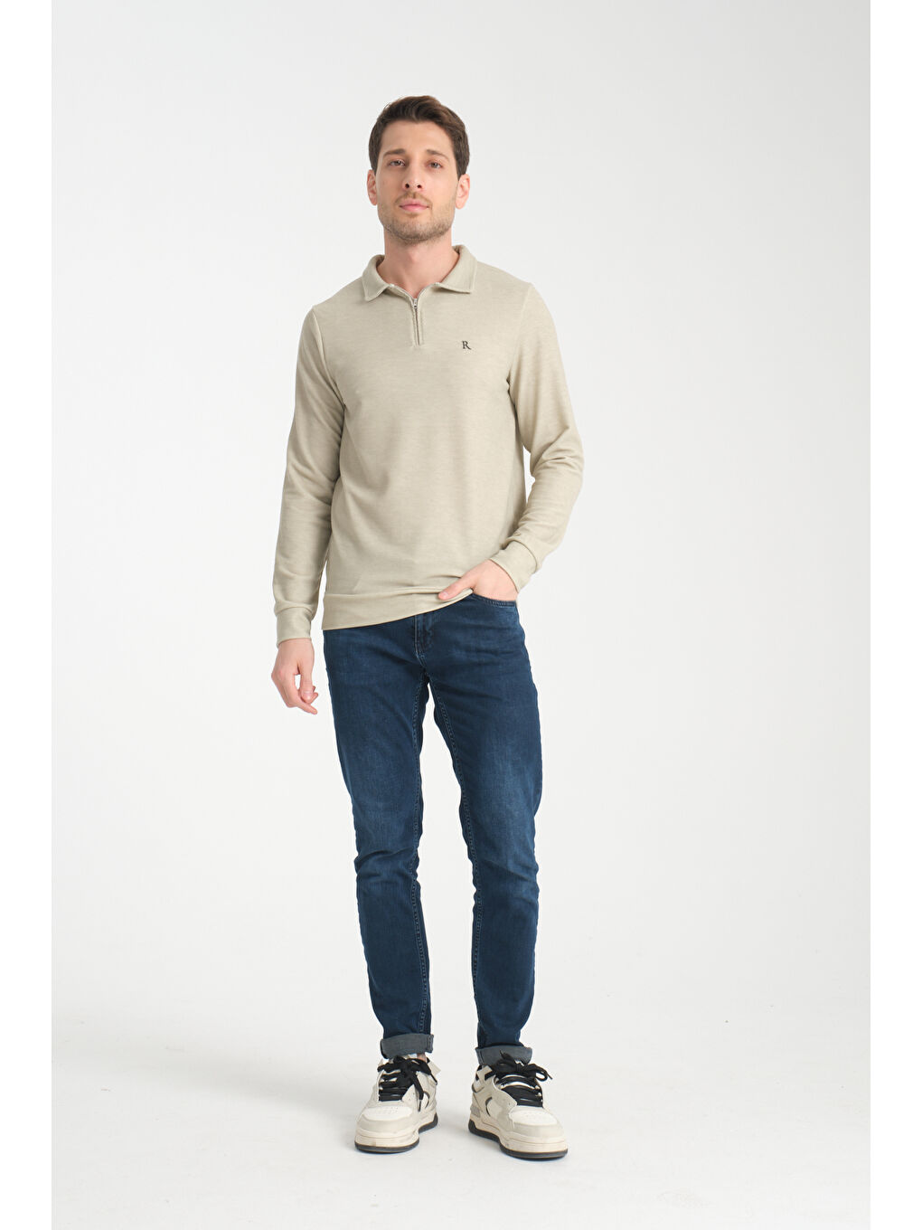 Bej Erkek Yarım Fermuarlı Uzun Kol Sweatshirt 7702