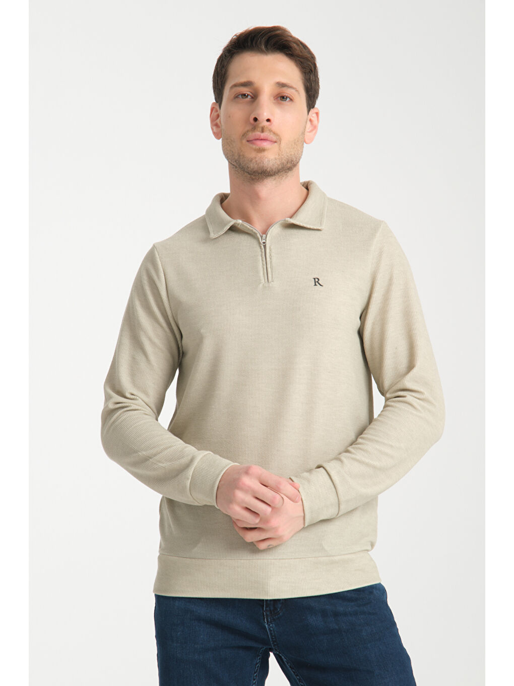 Bej Erkek Yarım Fermuarlı Uzun Kol Sweatshirt 7702-1