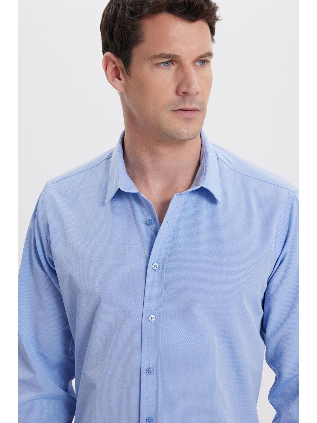 Erkek Modern Fit Dar Kesim Pamuklu Kolay Ütü Armürlü Mavi Gömlek-1