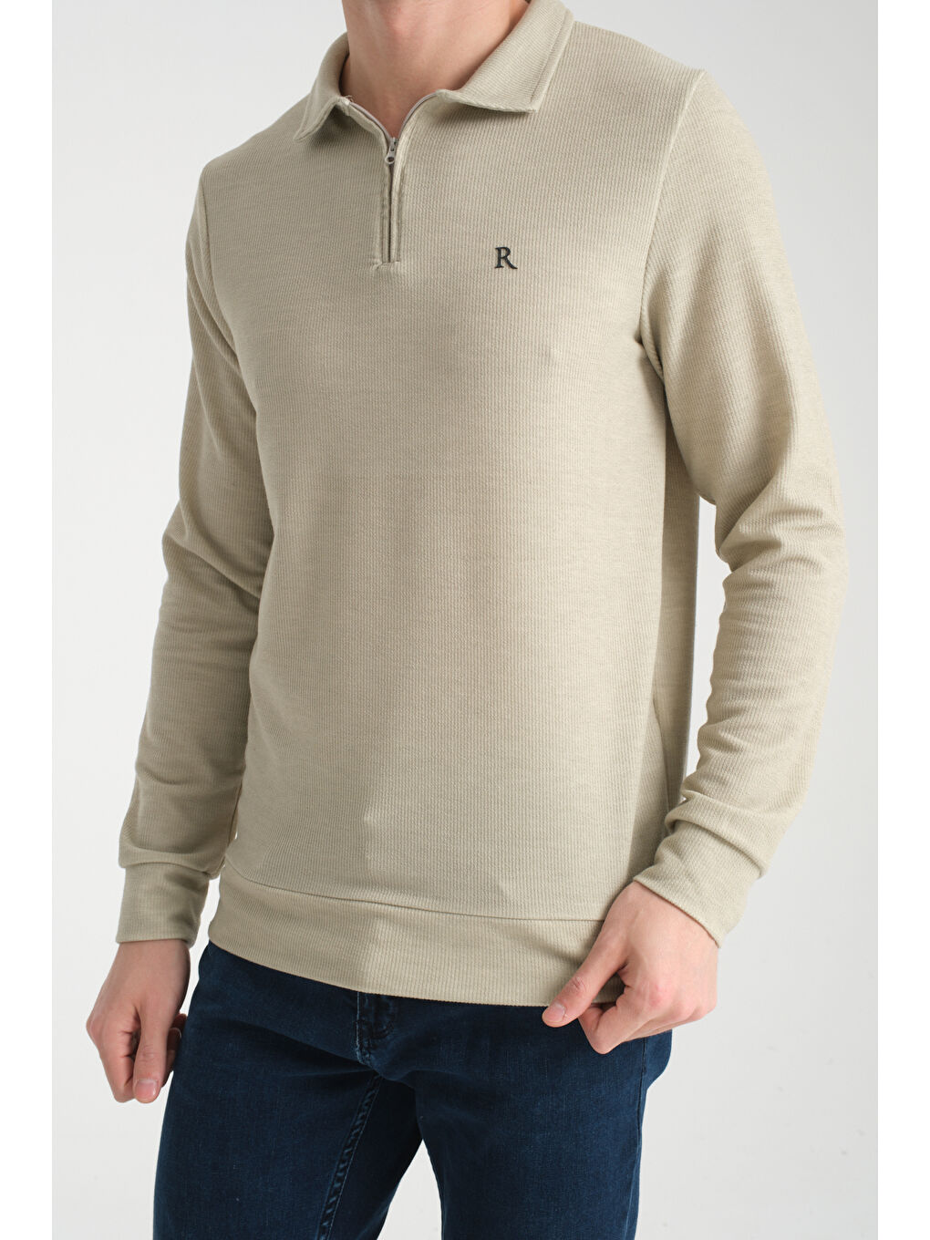 Bej Erkek Yarım Fermuarlı Uzun Kol Sweatshirt 7702-2