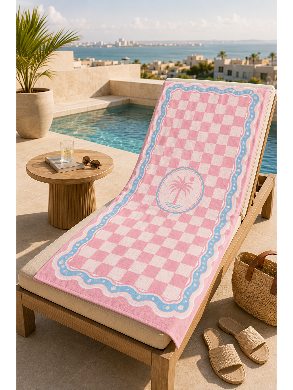 Ekru Pembe Kareli Palmiye Rozet Desenli 70x150 Plaj Havlusu-6