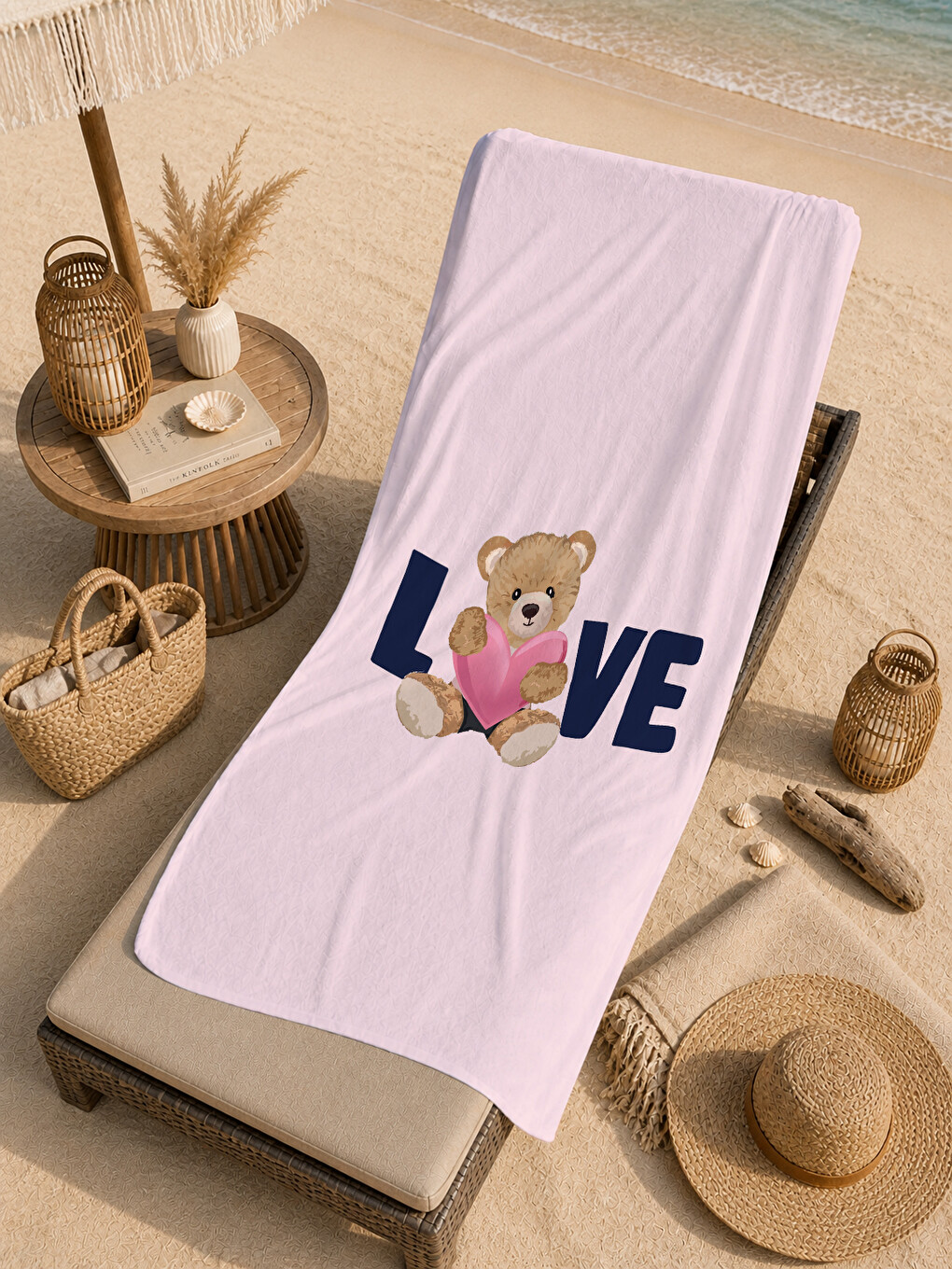 Pudra Pembe Love Ayıcık Desenli 70x150 Cm Dijital Baskılı Plaj Ve Banyo Havlusu-4