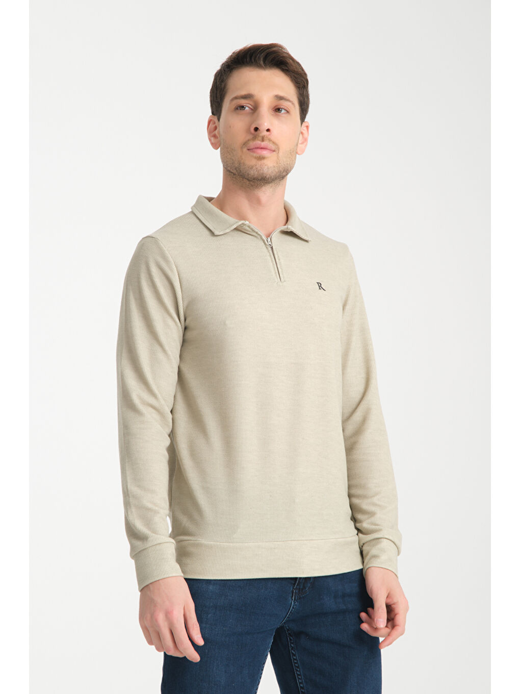 Bej Erkek Yarım Fermuarlı Uzun Kol Sweatshirt 7702-3