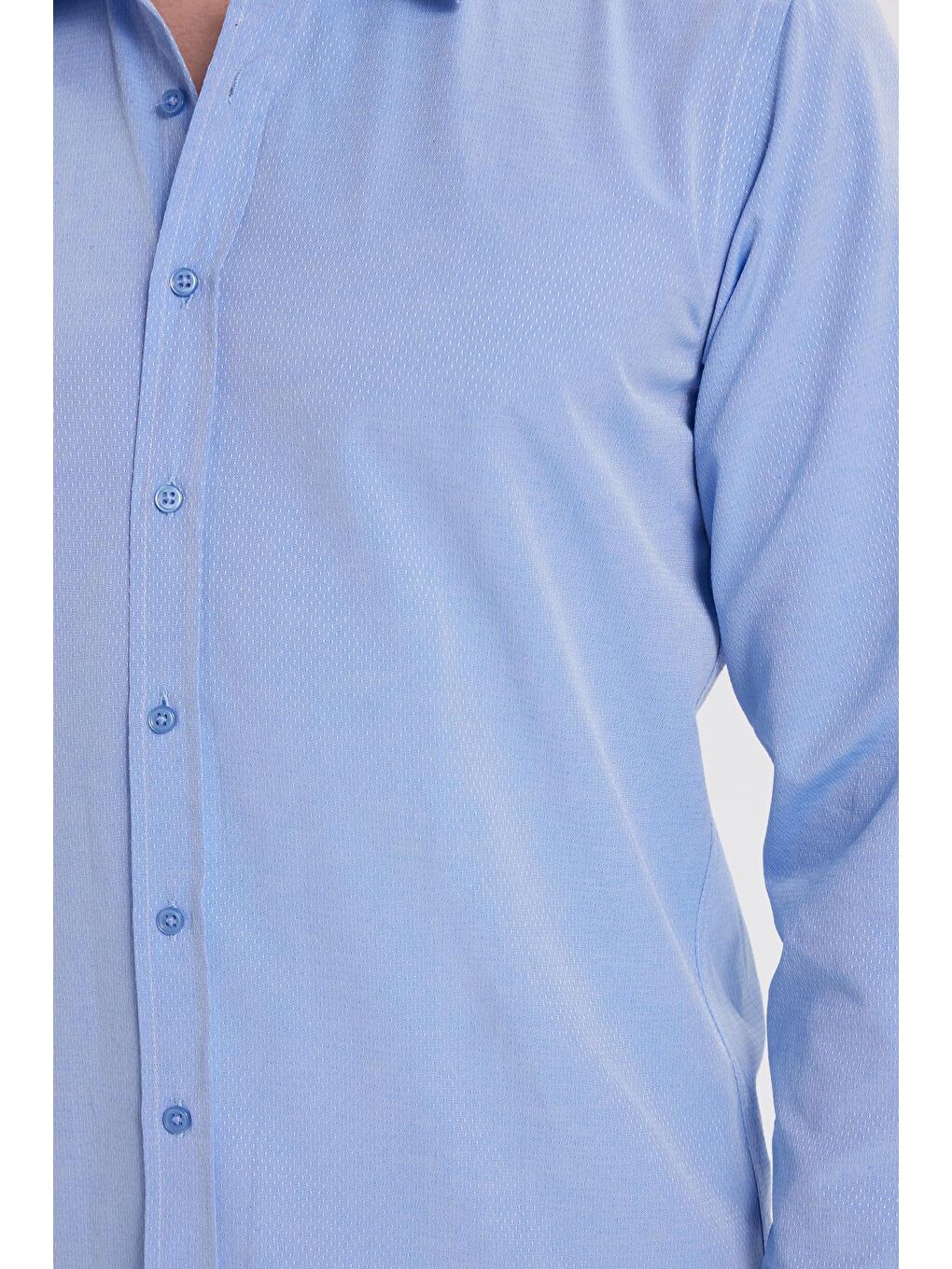 Erkek Modern Fit Dar Kesim Pamuklu Kolay Ütü Armürlü Mavi Gömlek-2