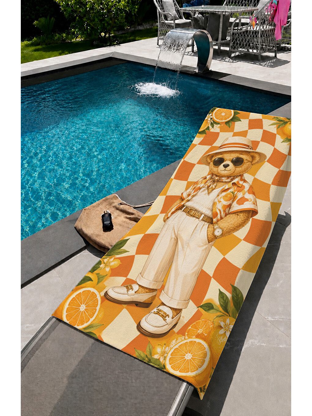Mor Ayıcık Portakal Ve Turuncu Dama Desenli 70x150 Plaj Havlusu-1