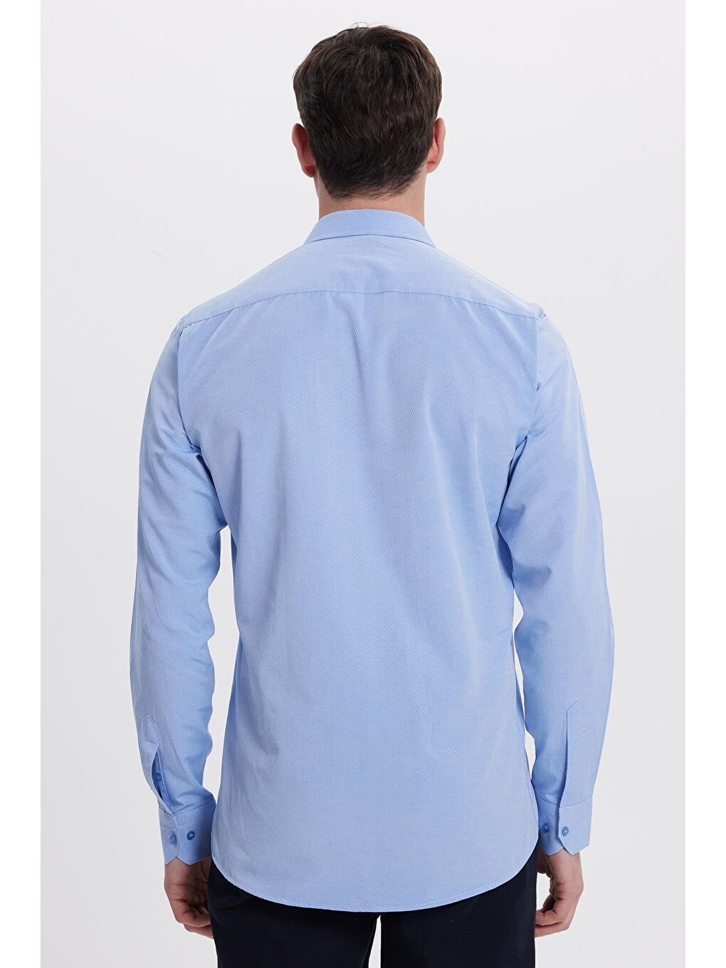 Erkek Modern Fit Dar Kesim Pamuklu Kolay Ütü Armürlü Mavi Gömlek-6