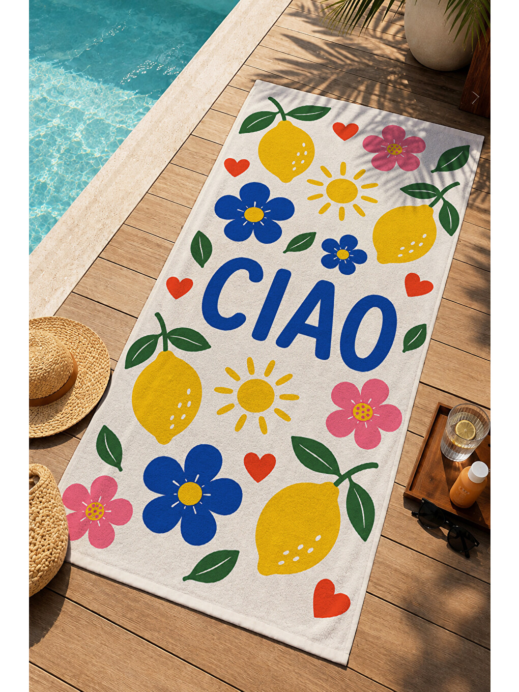 Sarı Akdeniz Ciao Yazılı Limon Çiçek Desenli 70x150 Plaj Havlusu - Dijital Baskılı Solmaz Banyo Havlusu-1