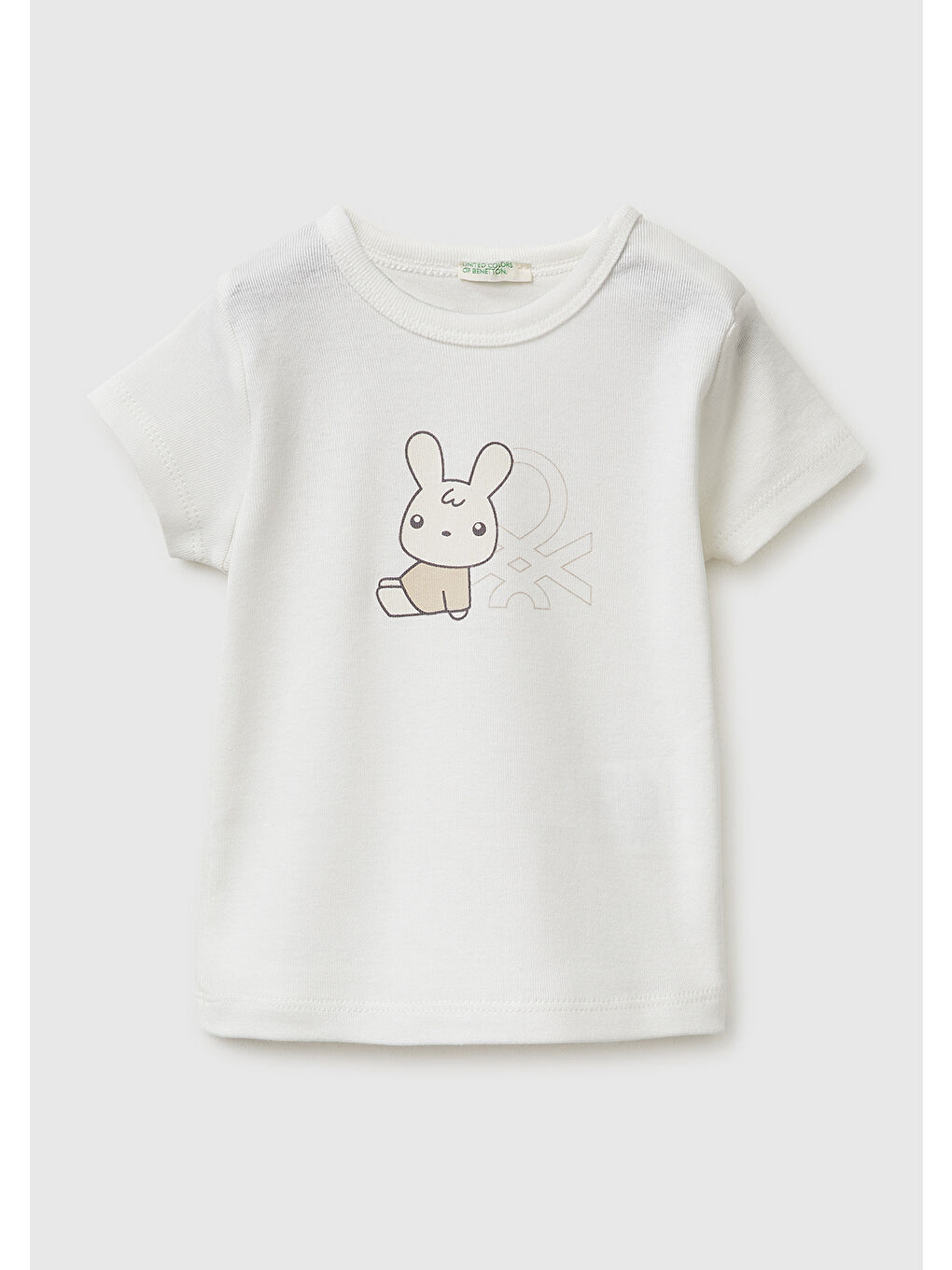 Bebek Beyaz Baskılı Omzu Çıtçıtlı Ribanalı Kısa Kollu T-Shirt