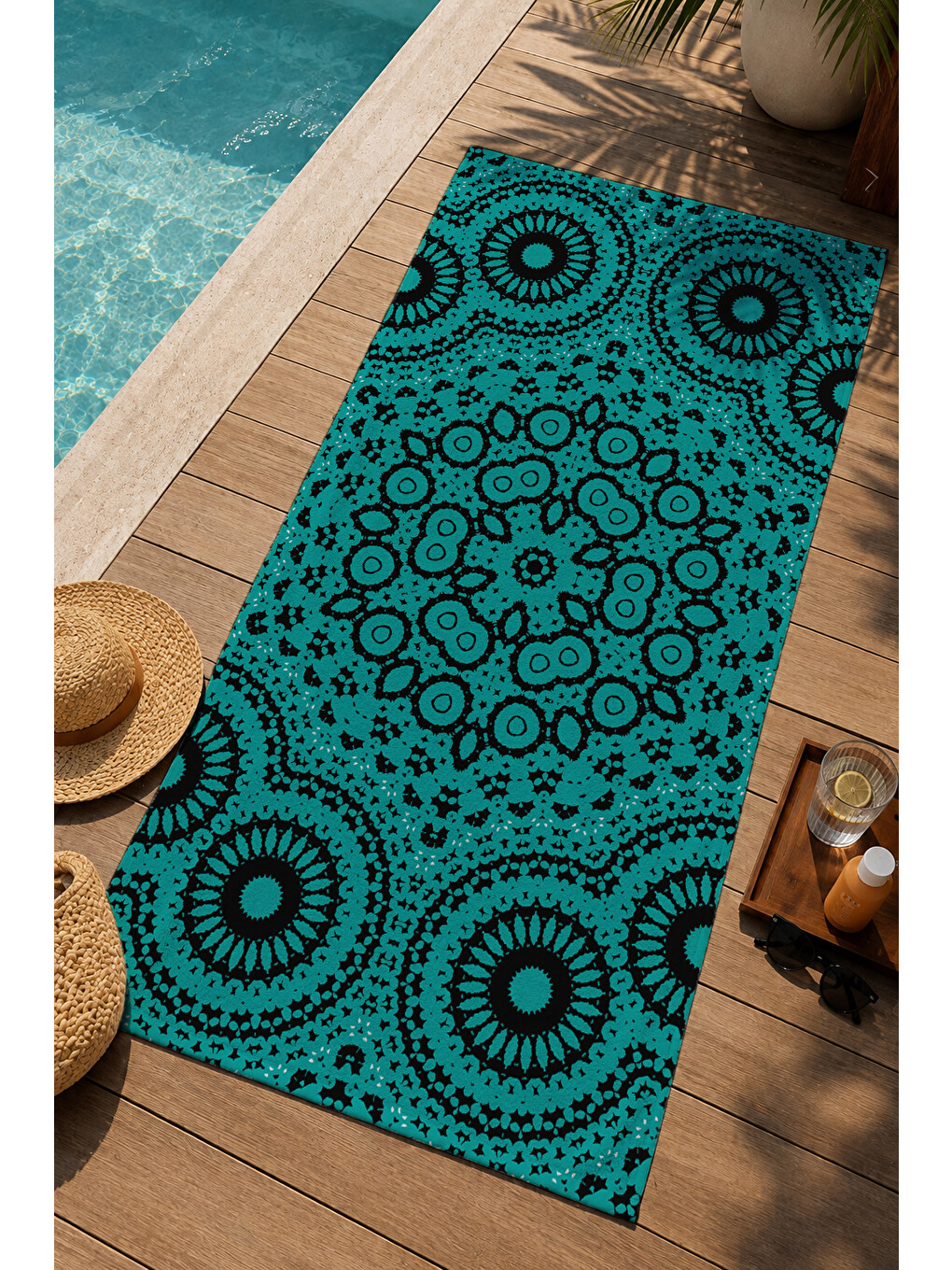 Turkuaz Siyah Mandala Desenli 70x150 Cm Dijital Baskılı Plaj Ve Banyo Havlusu-2