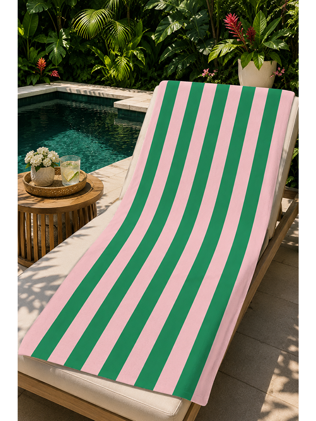 Yeşil Pembe Kalın Şerit Desenli 70x150 Plaj Havlusu-2