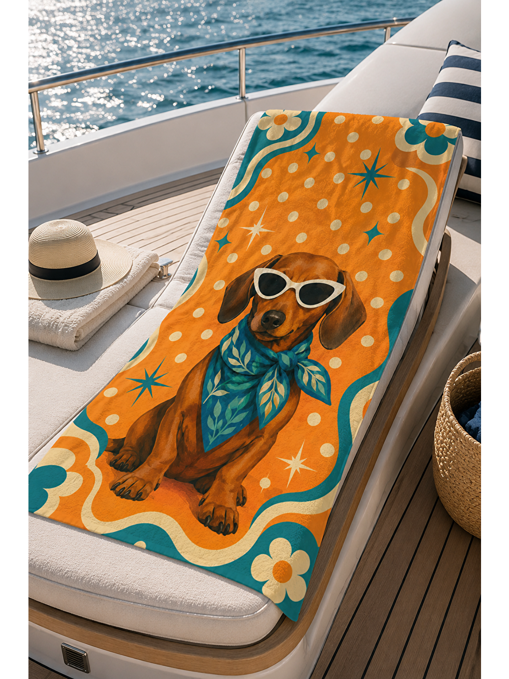 Kahverengi Gözlüklü Köpek Retro Turuncu Desenli 70x150 Plaj Havlusu-2