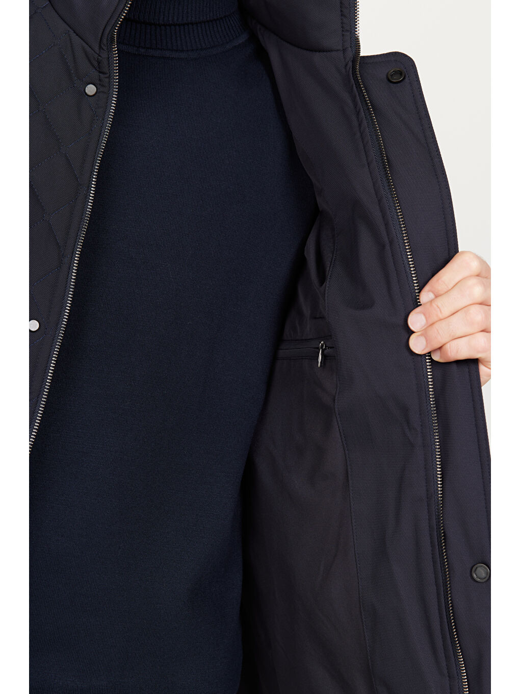 Erkek Lacivert Standart Fit Normal Kesim Dik Yaka Desenli Kapitone Overcoat-2