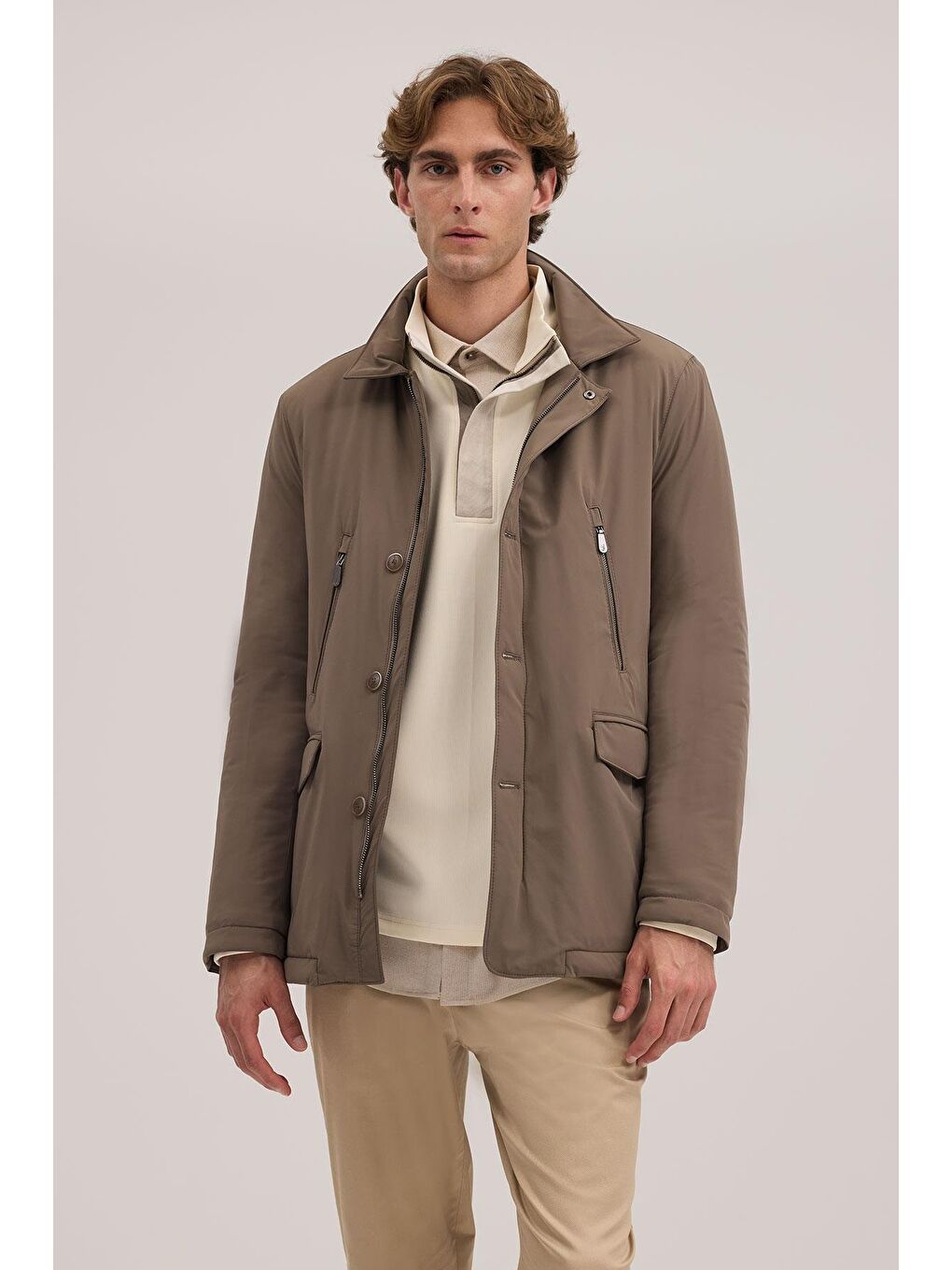 Bej Comfort Fit Bebe Yaka Fermuarlı Mont-1