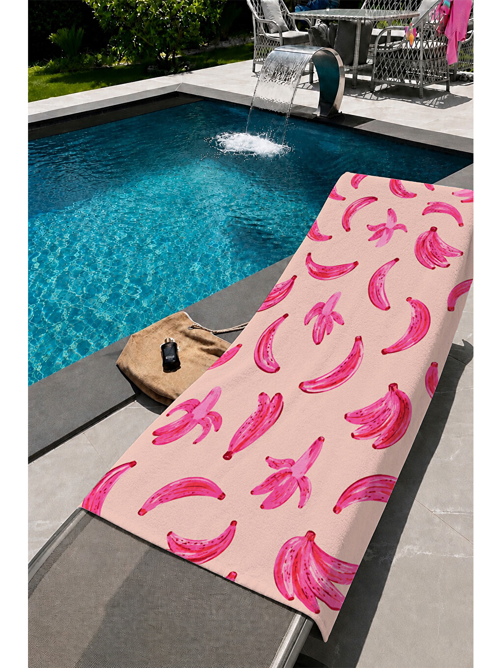 Lacivert Pembe Muz Ve Yaprak Desenli 70x150 Plaj Havlusu-1