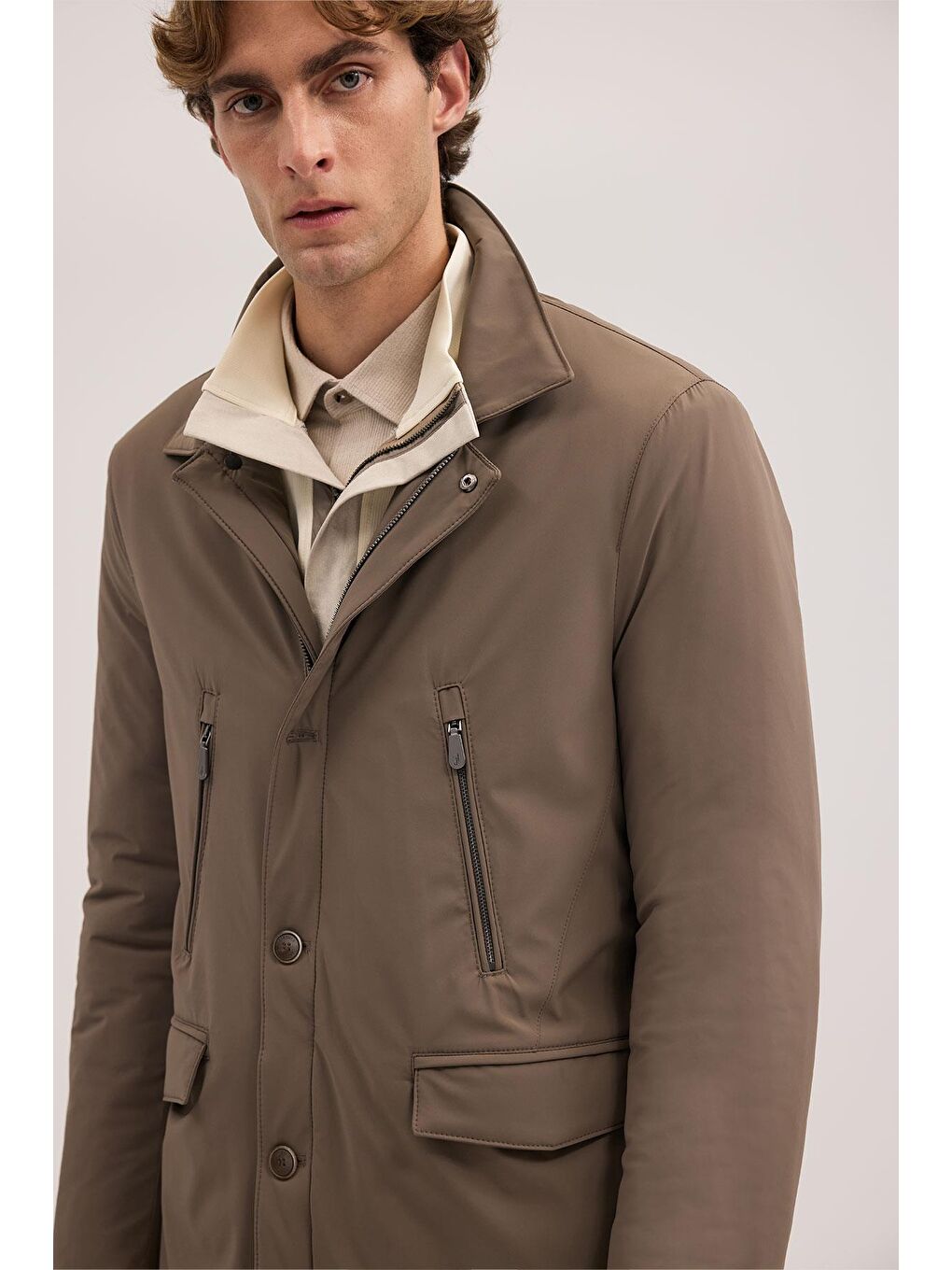 Bej Comfort Fit Bebe Yaka Fermuarlı Mont-2