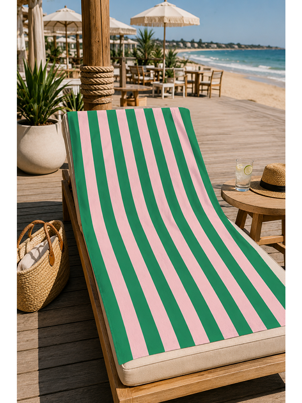 Yeşil Pembe Kalın Şerit Desenli 70x150 Plaj Havlusu-6