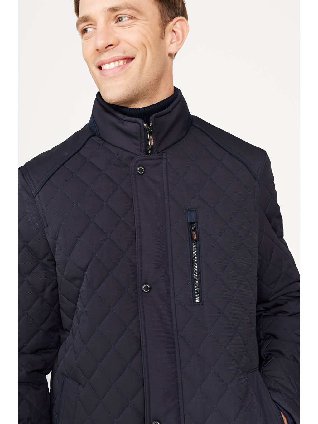 Erkek Lacivert Standart Fit Normal Kesim Dik Yaka Desenli Kapitone Overcoat-6