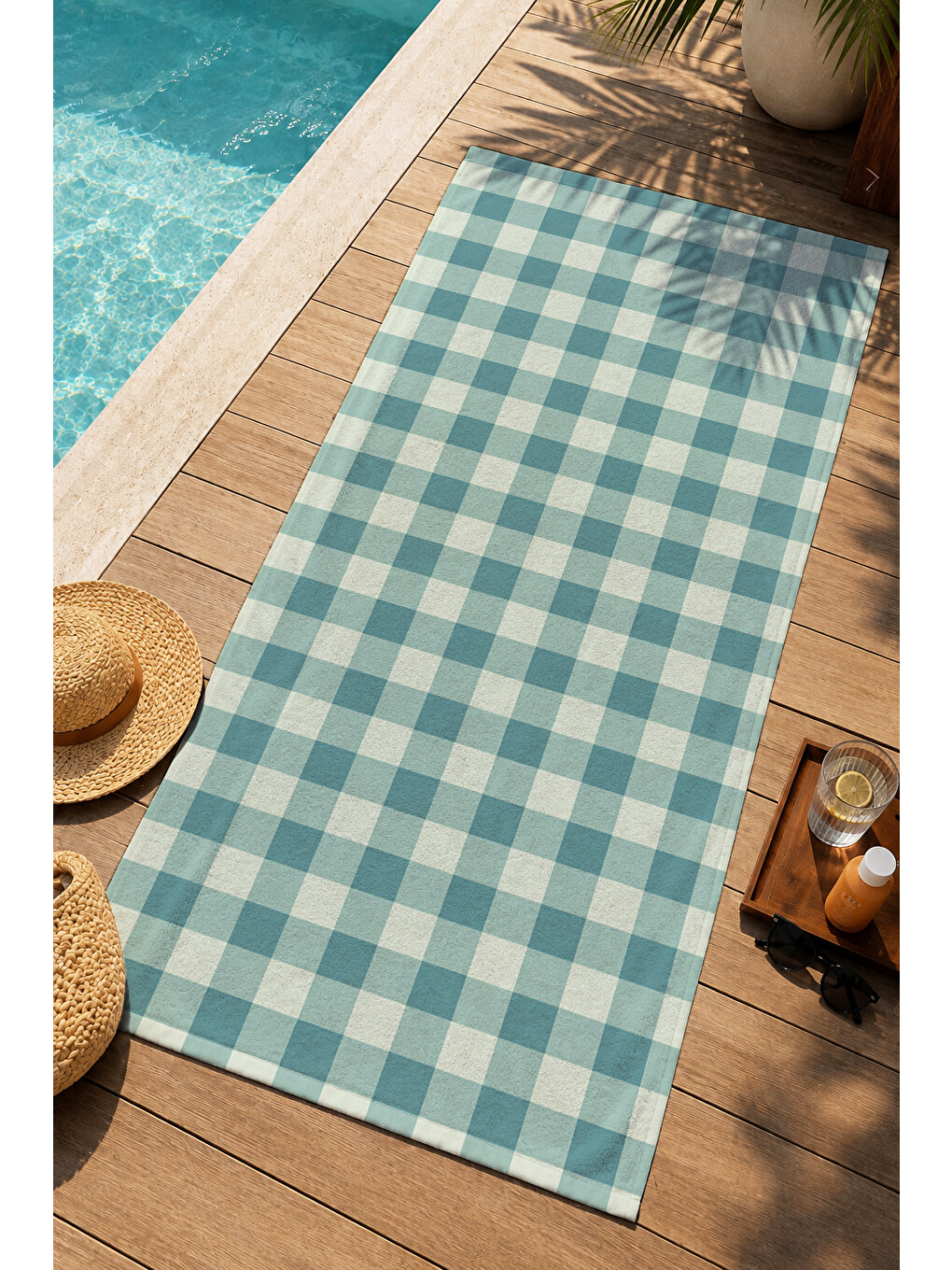 Pastel Mint Yeşili Ekose Desenli 70x150 Plaj Havlusu - Dijital Baskılı Solmaz Banyo Havlusu-2