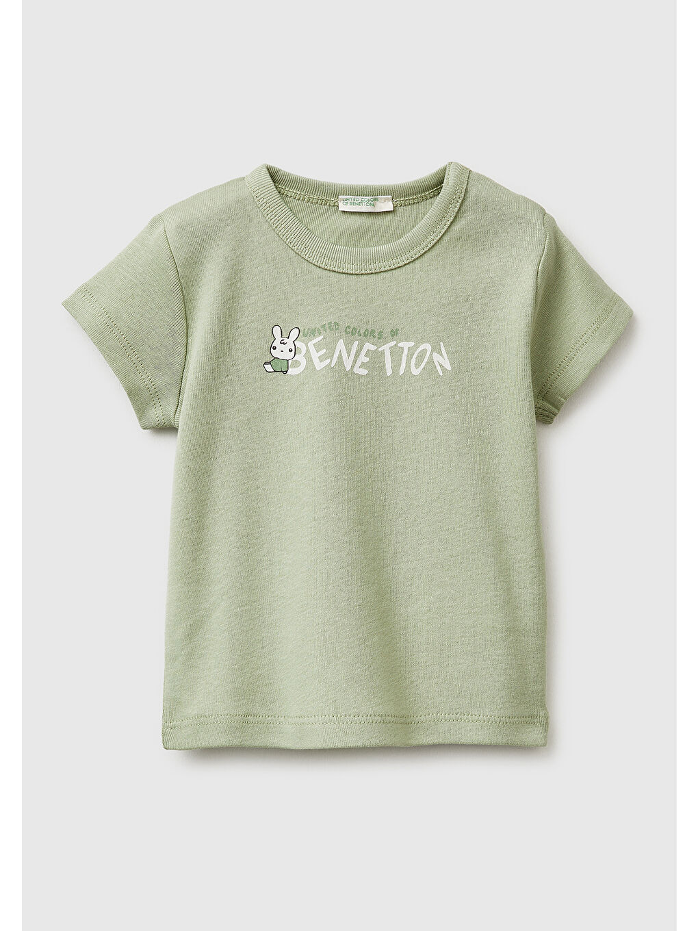 Gri Bebek Adaçayı Yeşili Baskılı Omzu Çıtçıtlı Ribanalı Kısa Kollu T-Shirt